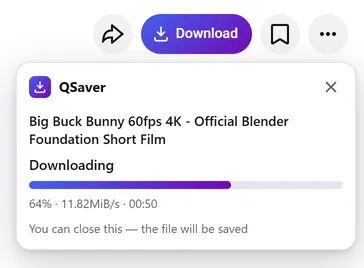 QSaver panel: downloading, 64%, speed and time left